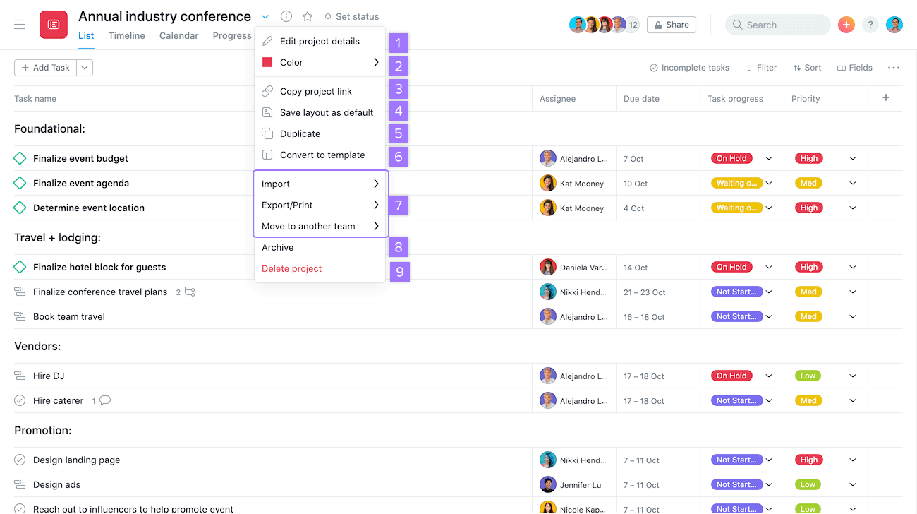 Asana Export- Using the Project actions menu.